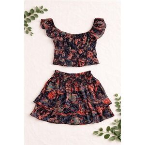 Express 2 Piece Set Womens S/XS Navy Floral Smocked Crop Top Tiered Skirt Boho